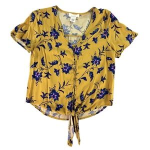 Womens Yellow Purple Floral Tie Front Short Sleeve‎ V Neck Top